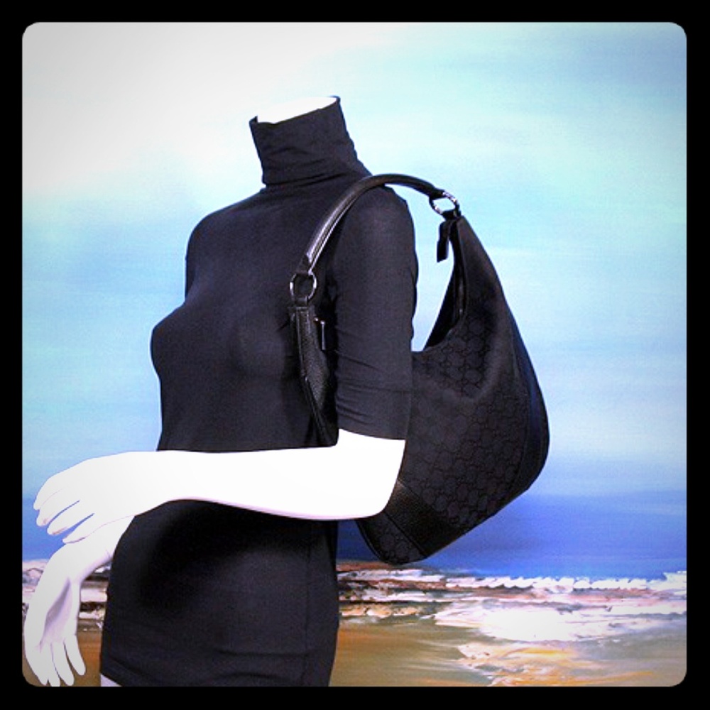 ⚡FLASH SALE⚡GUCCI Black Leather/Canvas GG Hobo